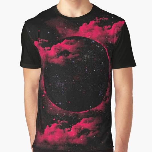 A stylish black t-shirt featuring a graphic design of a mesmerizing black hole in space, surrounded by stars and cosmic elements.