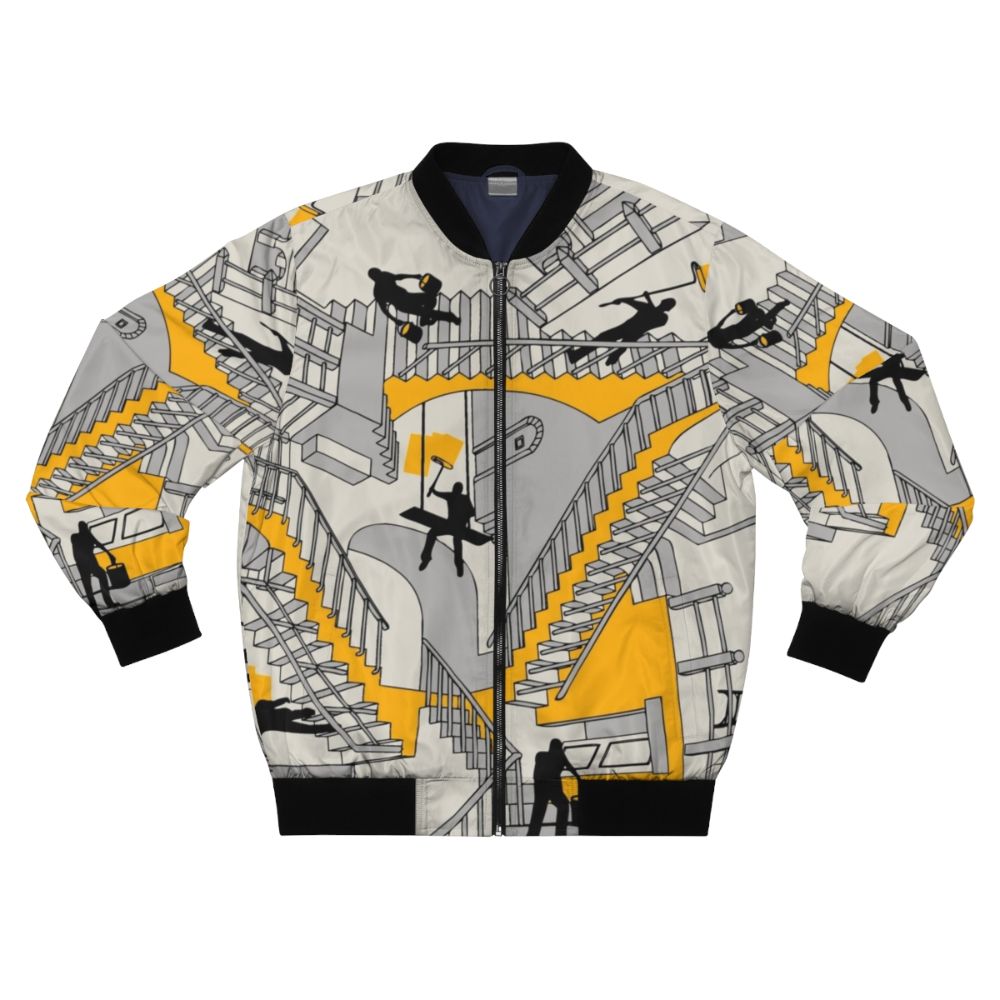 Geometric and architectural pattern bomber jacket with home improvement and construction elements