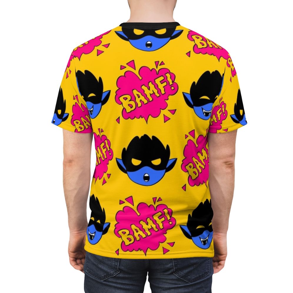 T-shirt featuring a pattern of Nightcrawler's iconic "bamf" teleportation effect - men back