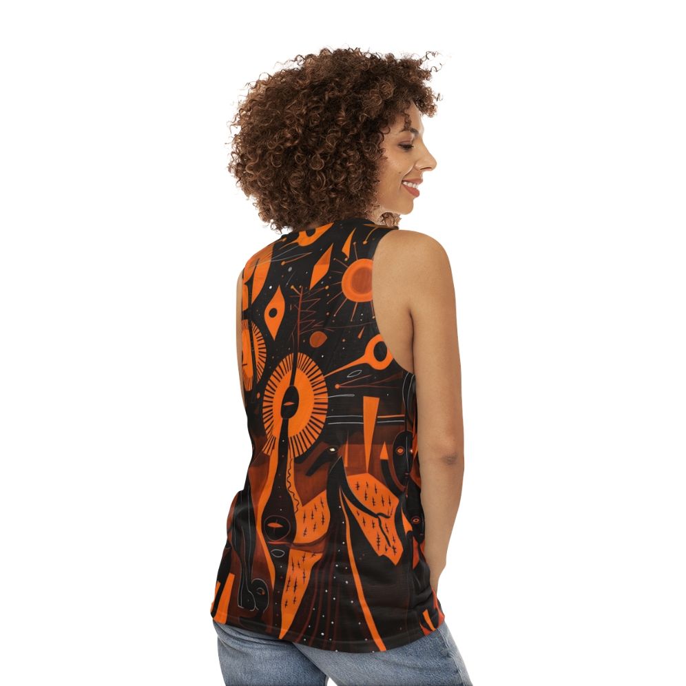 Unisex tank top with nature-inspired woodcut artwork featuring ancient spiritual symbols - women back