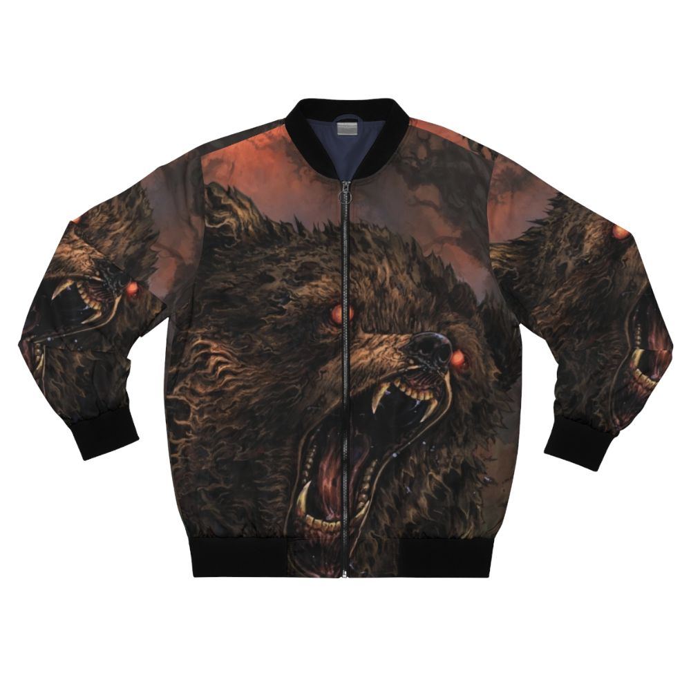 Grizzly Inscryption fantasy art bomber jacket featuring a detailed illustration of a beast or monster