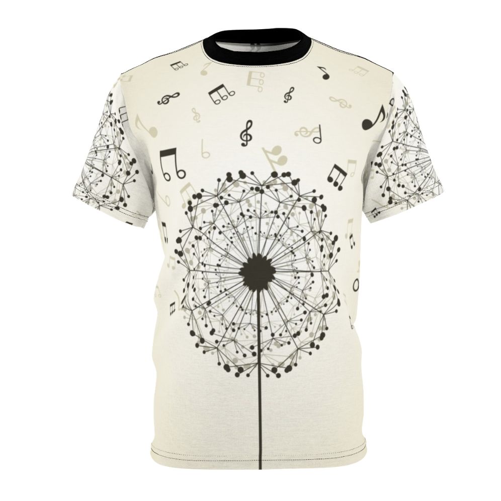 A t-shirt design featuring a dandelion flower with musical notes, representing the harmony between nature and music.