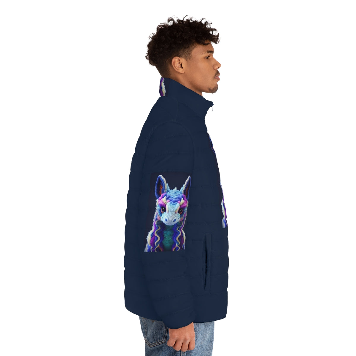 Mythical creature puffer jacket with vibrant, artistic fantasy design - men side right