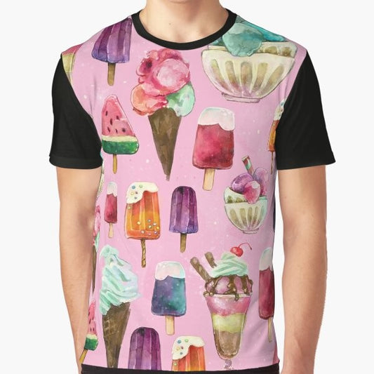 A graphic t-shirt featuring a colorful ice cream pattern design in pink and other summer colors.