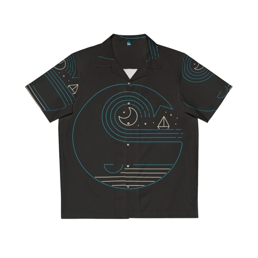 Minimalist Hawaiian shirt with whale, moon, and boat design