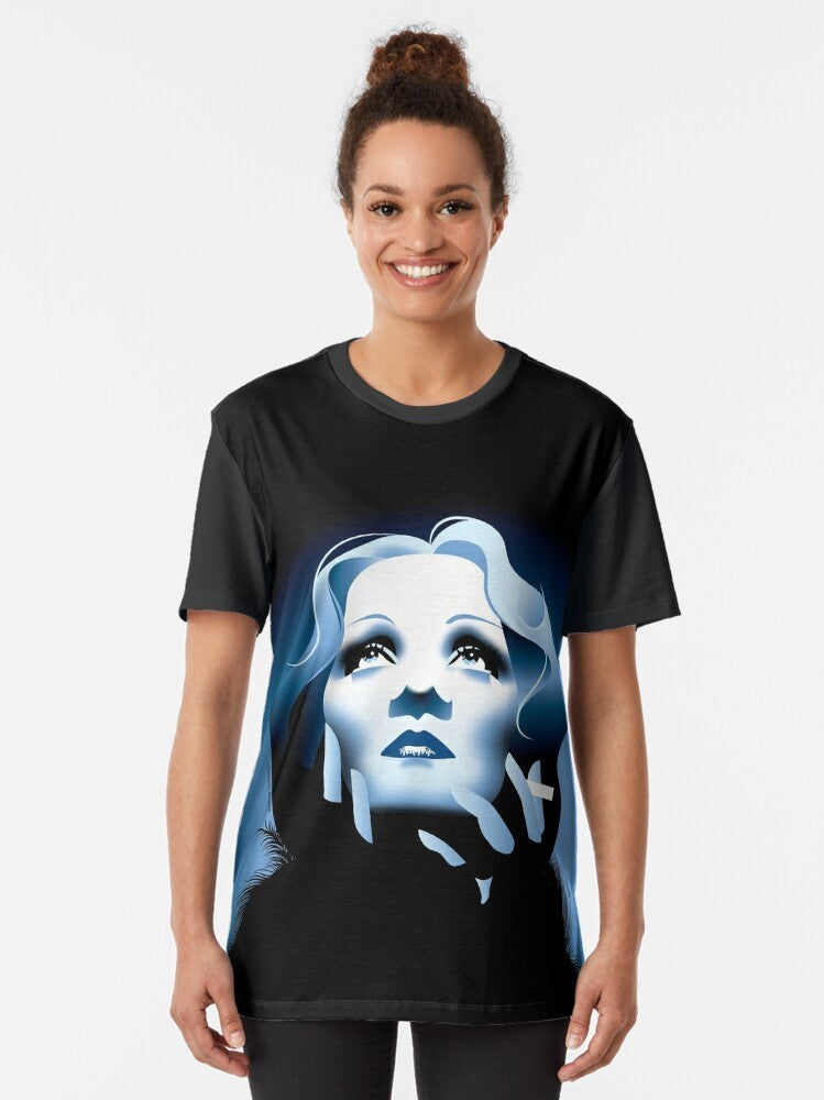 Stylish Blue Graphic T-Shirt featuring artwork by Alejandro Mogollo - Women