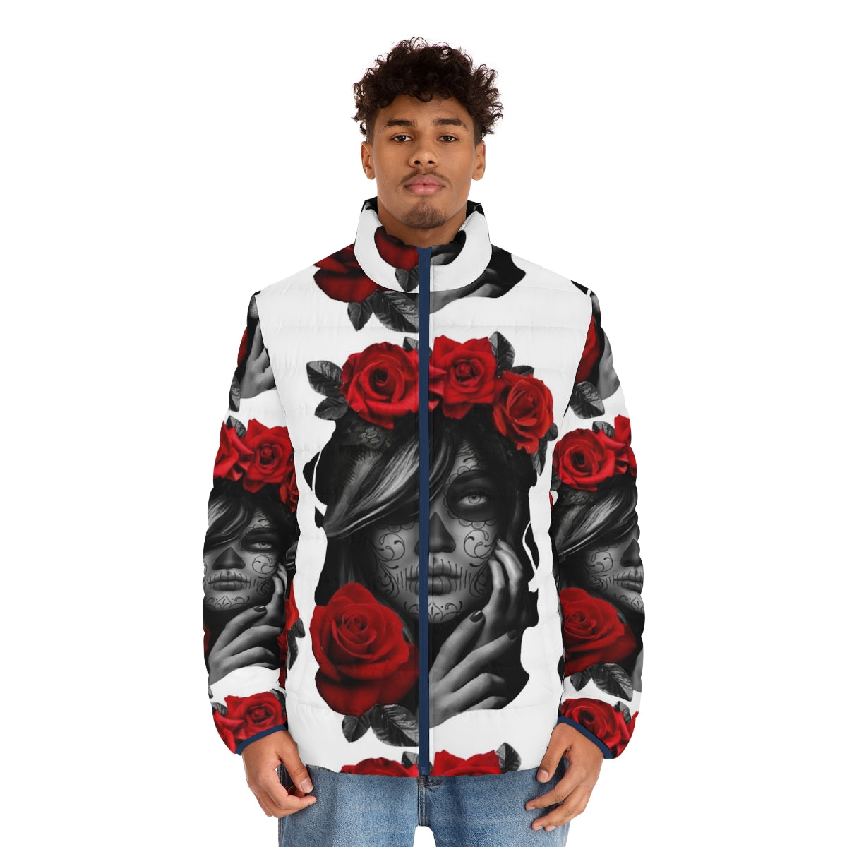 Woman wearing a Day of the Dead themed puffer jacket with sugar skull and floral design - men front