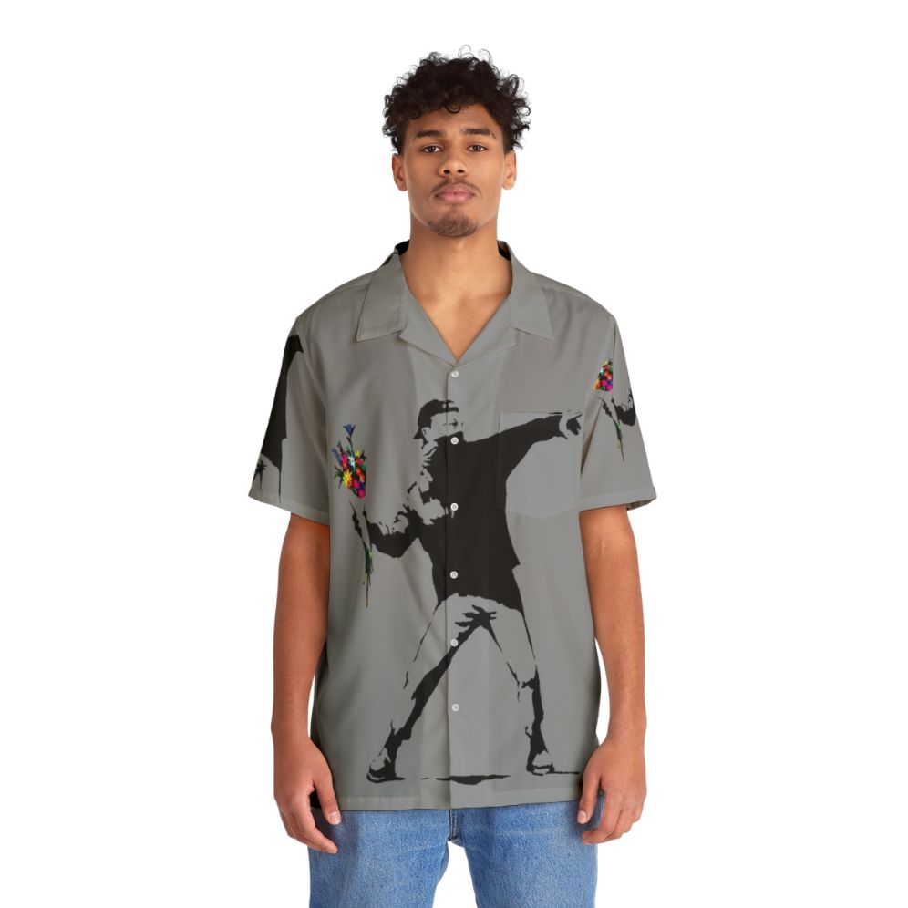 Banksy Protester Throwing Flowers Hawaiian Shirt - People Front