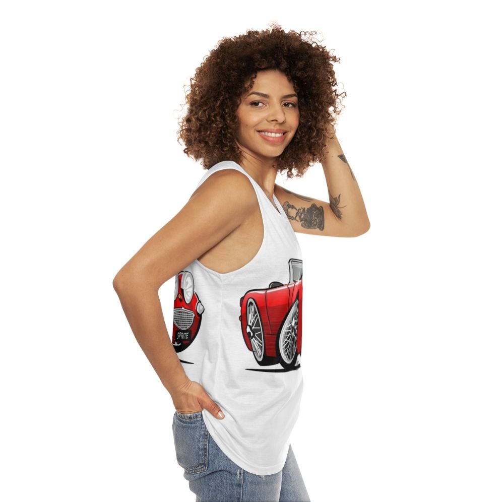 Austin Healey Sprite sports car graphic unisex tank top - women side