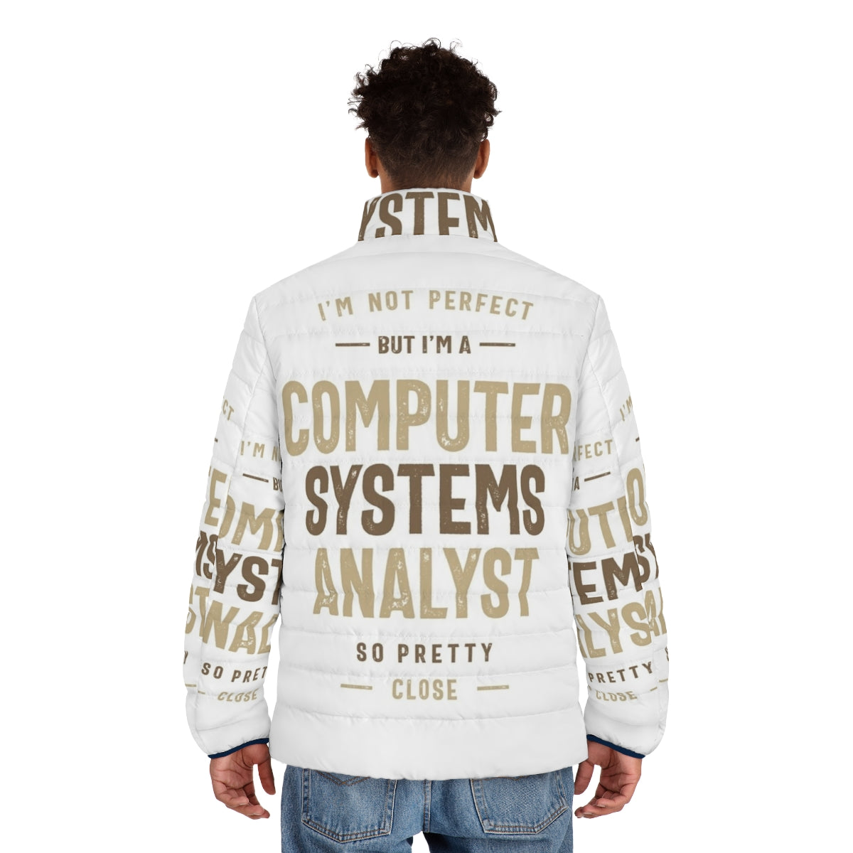 Computer Systems Analyst wearing a stylish puffer jacket for tech jobs - men back