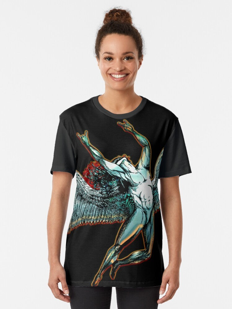 Graphic t-shirt design featuring Icarus from Greek mythology throwing the heavy metal 'horns' gesture against a dark, abstract background. - Women