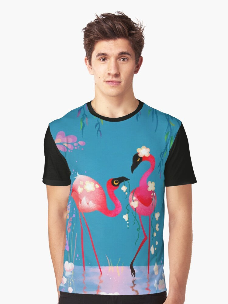 Colorful graphic design of a flamingo bird surrounded by vibrant flowers and foliage on a t-shirt. - Men