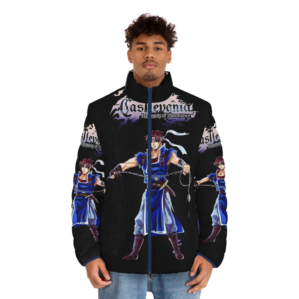 Castlevania Puffer Jacket featuring Alucard, Belmont, and Sypha character designs - men front