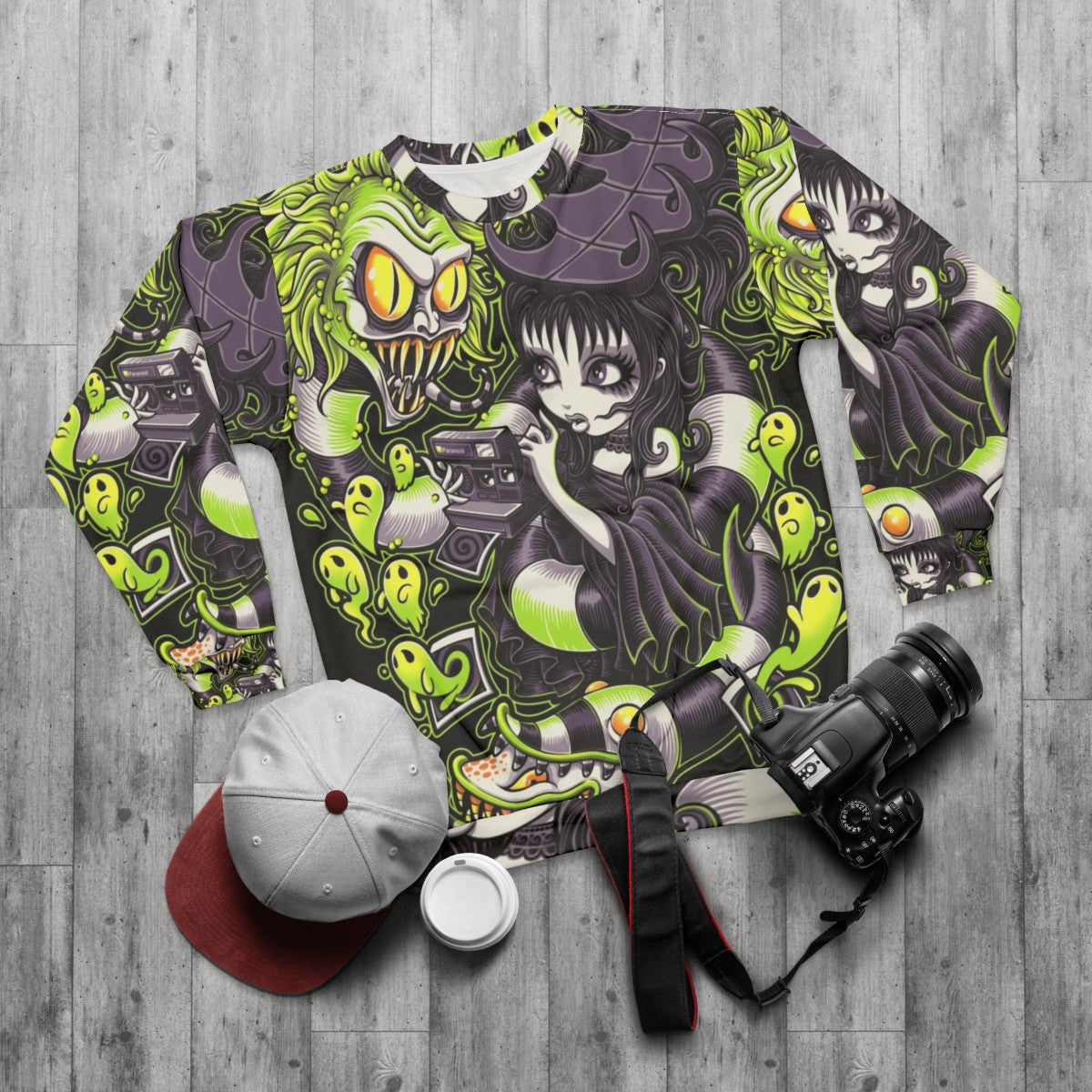 Strange and Unusual Beetlejuice-Inspired Gothic Horror Sweatshirt - flat lay