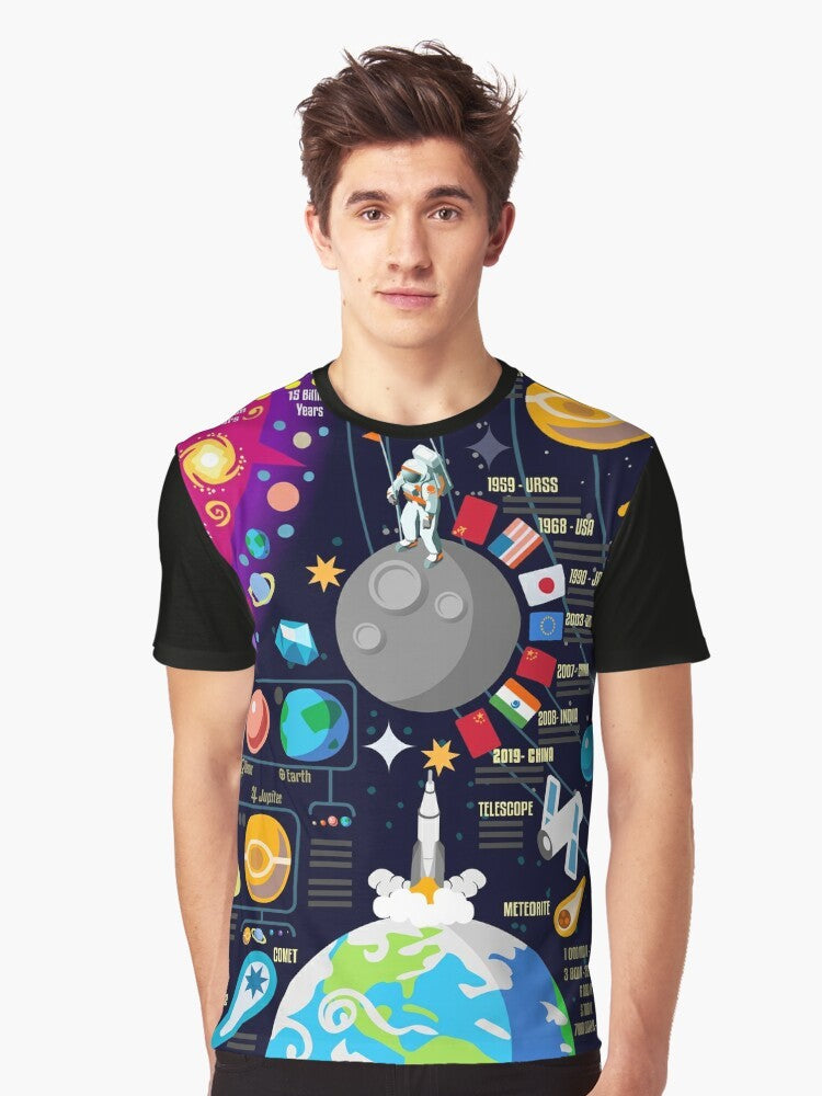 Space infographic design featuring the Big Bang, planets, and cosmic elements on a graphic t-shirt. - Men