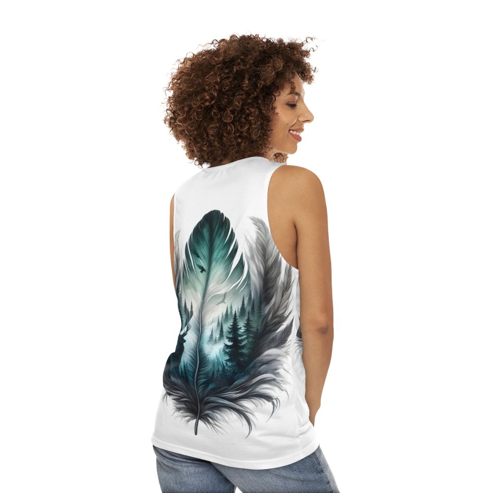 Unisex forest feather tank top with nature inspired design - women back