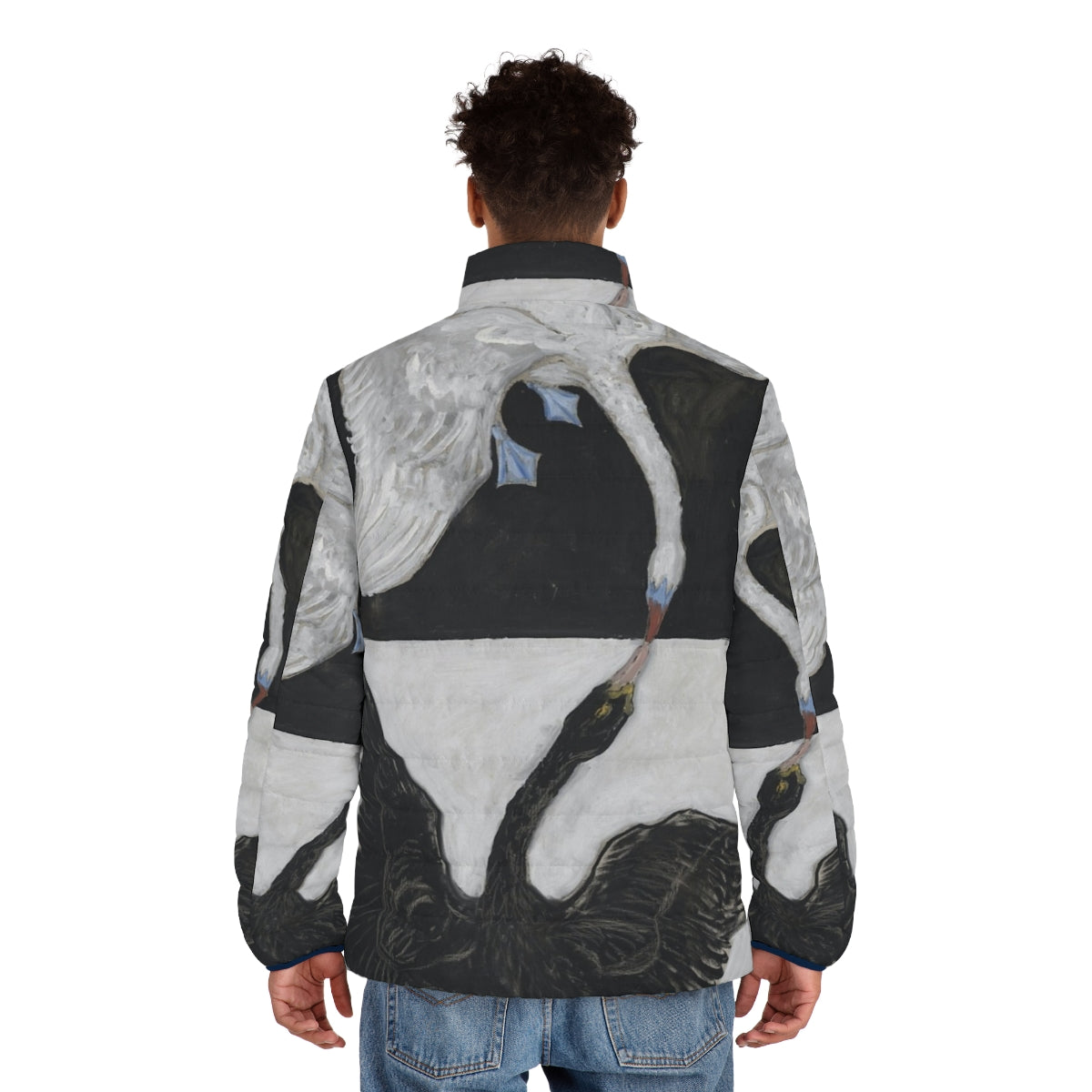 Black and white swan puffer jacket with Hilma Af Klint inspired graphic design - men back