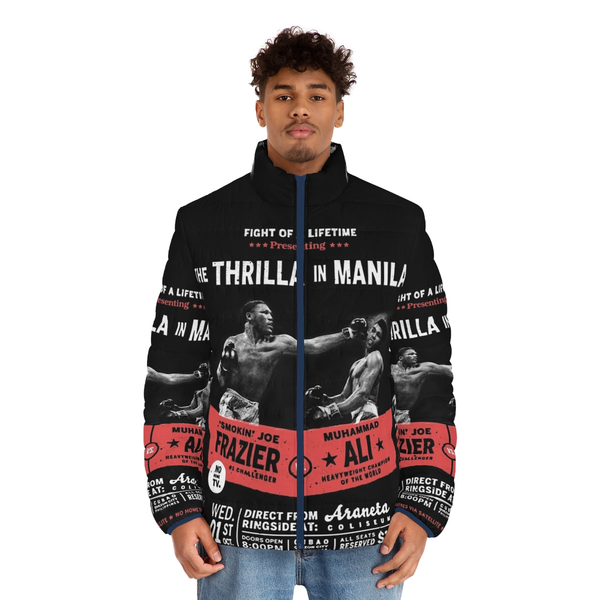 Ali vs Frazier 'Thrilla in Manila' puffer jacket featuring iconic boxing imagery - men front