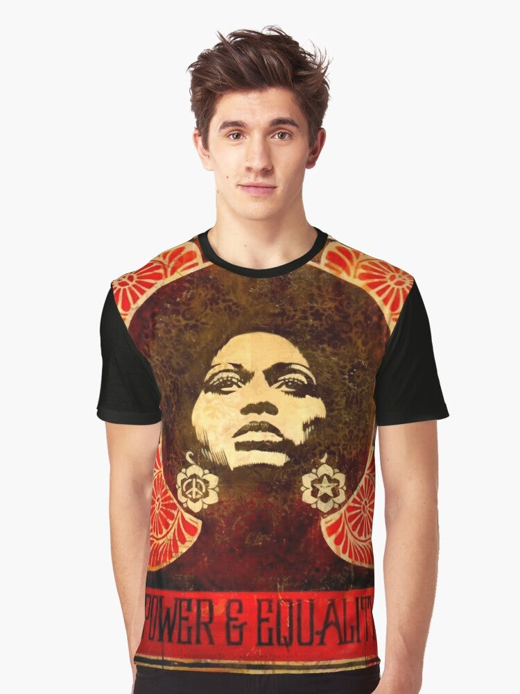 Vintage-style graphic t-shirt featuring Angela Davis, a prominent leader of the Black Panther Party in 1971, and the powerful "Black Power" fist symbol. - Men