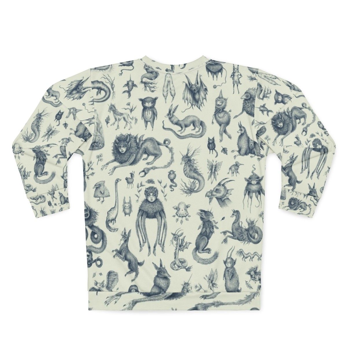 Sweatshirt with a pattern of mythical creatures like Bigfoot, Nessie, and dragons in a pastel, nature-inspired design - Back