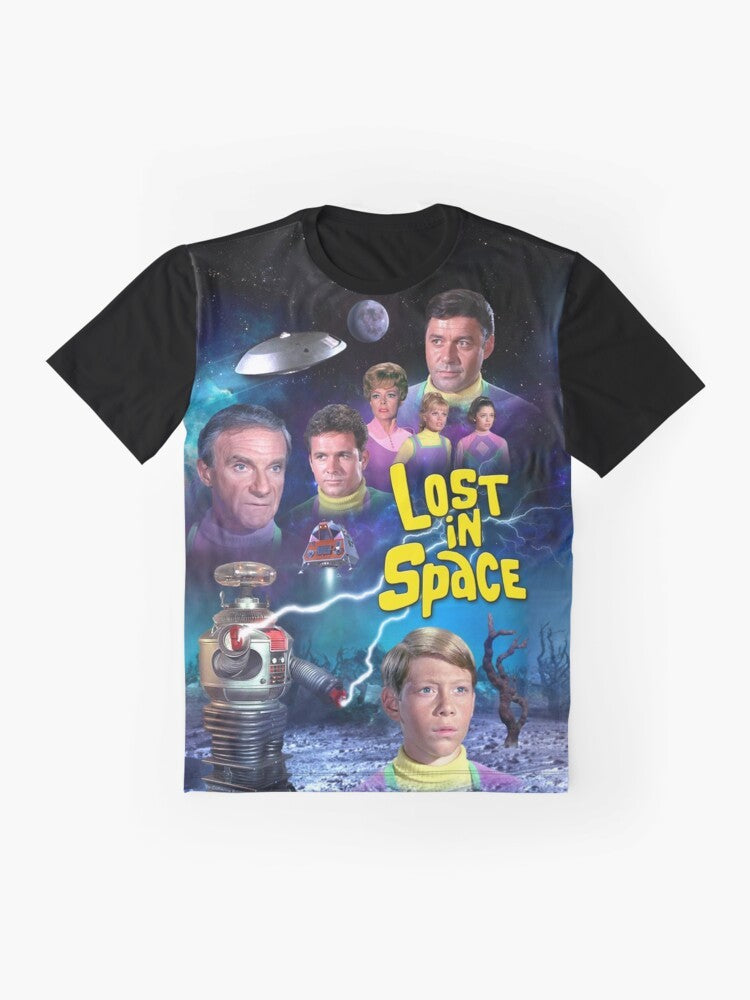 Retro-inspired Lost in Space Season 3 graphic t-shirt with the show's iconic logo and characters - Flat lay