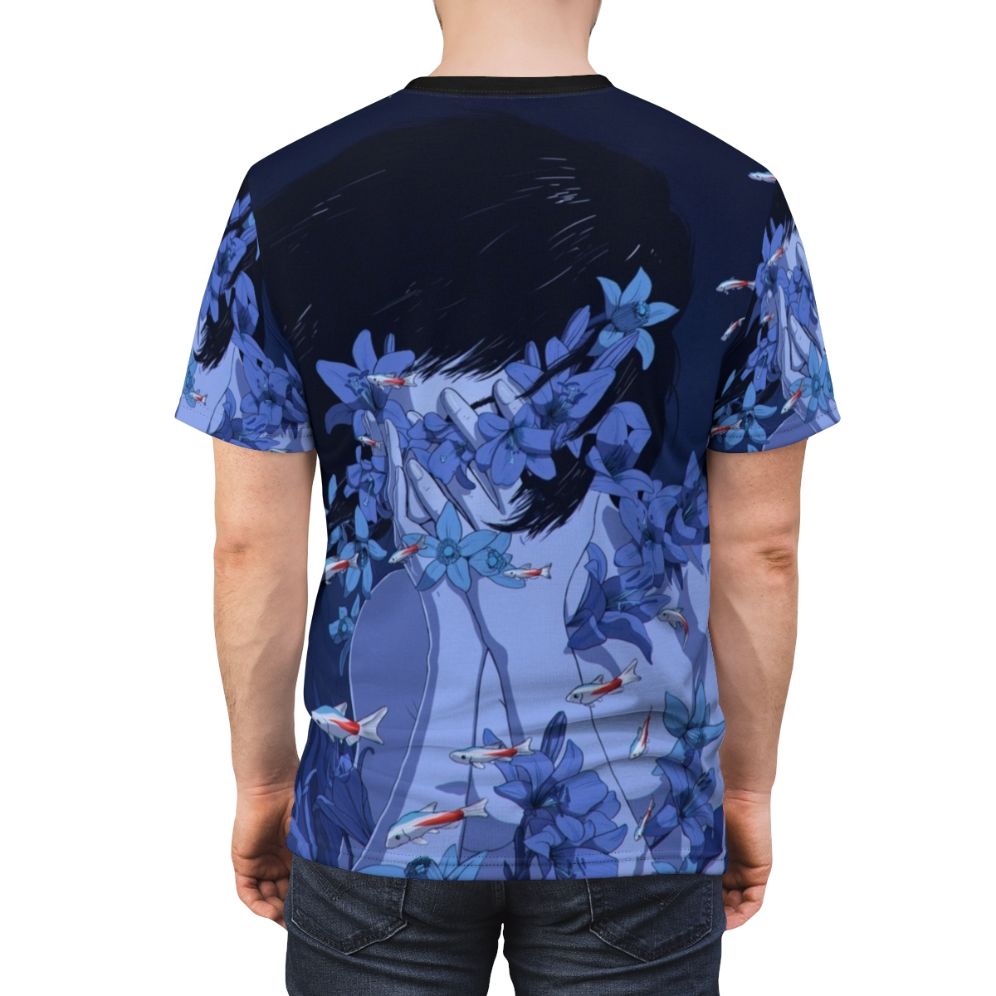 Anime-style graphic t-shirt featuring "Perfect Blue" inspired artwork with fish, flowers, and water elements. - men back