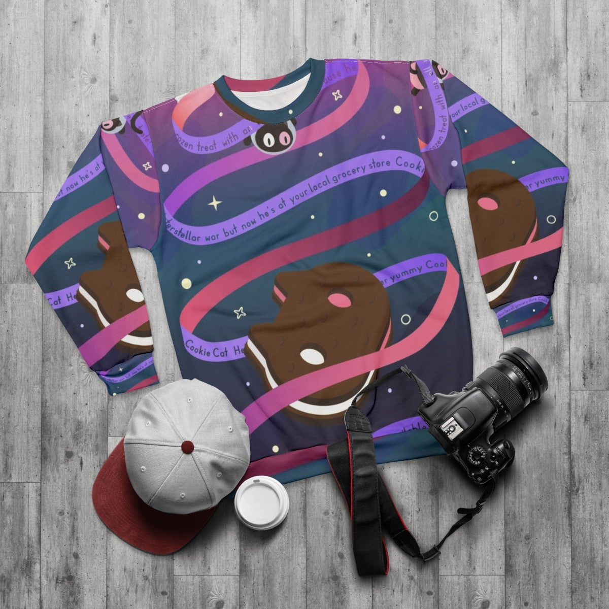 Cookie Cat Sweatshirt featuring the beloved character from Steven Universe - flat lay