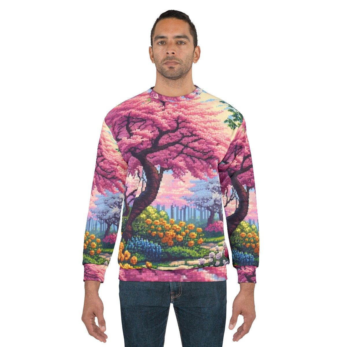 Japanese Cherry Tree Sweatshirt with Vibrant Floral Pixel Art Design - men