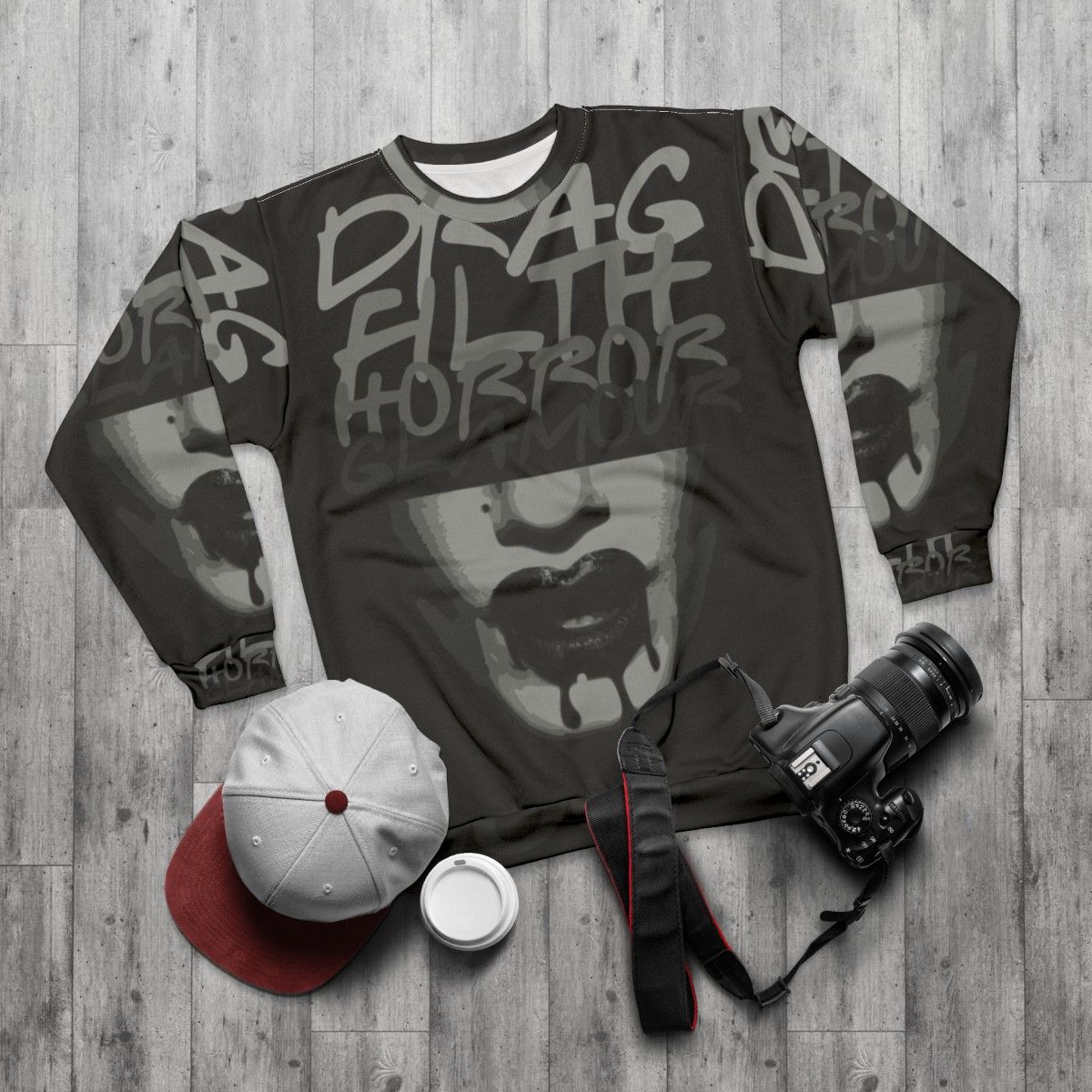 Drag Filth Horror Glamour Sweatshirt with Boulet Brothers Dragula Inspired Design - flat lay