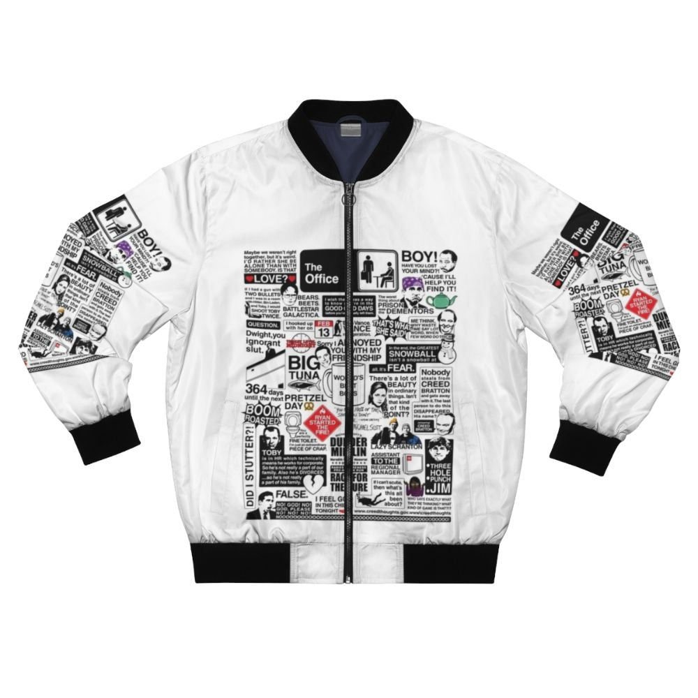 The Office Quotes Bomber Jacket featuring iconic characters and quotes from the TV show