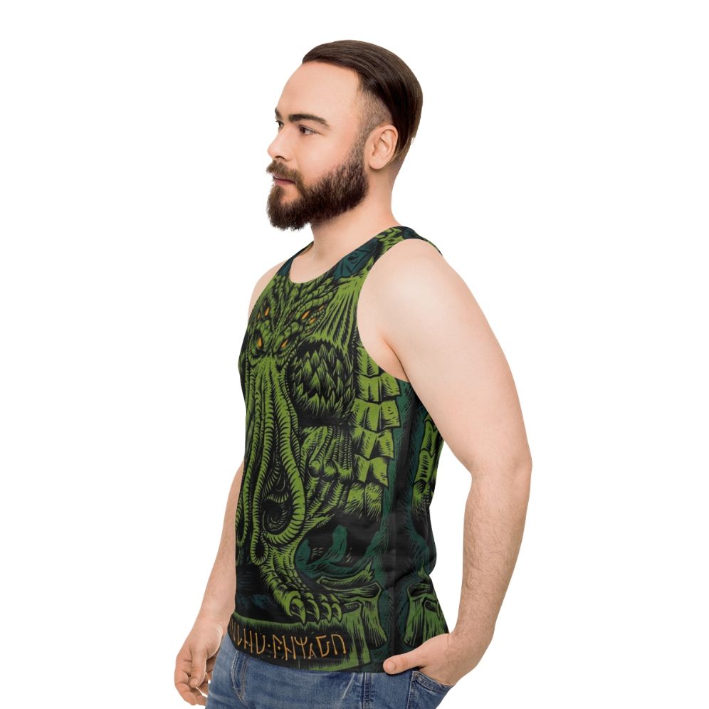 Unisex Tank Top with Cthulhu and Lovecraft Inspired Design - men side