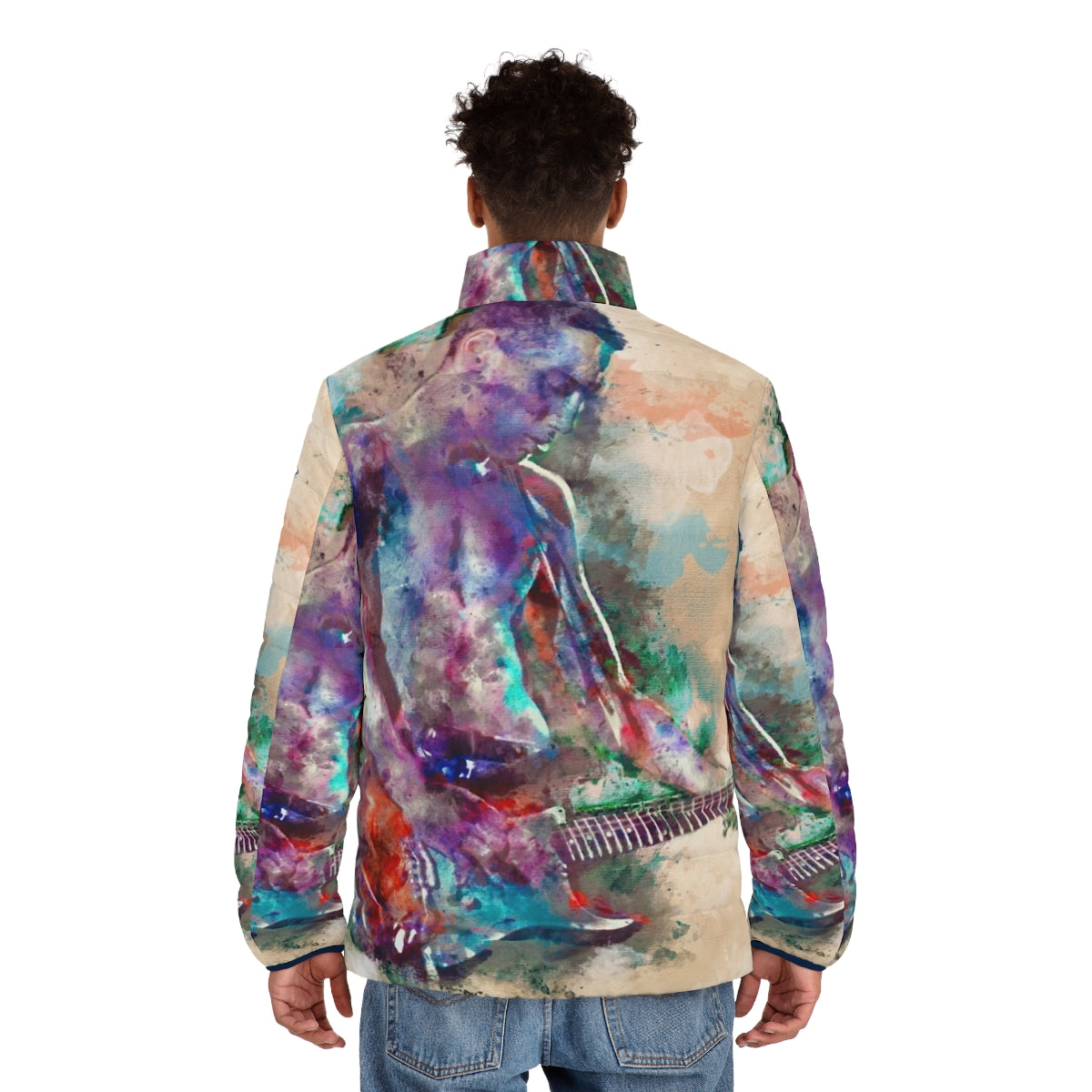 A vibrant, graphic puffer jacket featuring a guitar design, perfect for music lovers. - men back