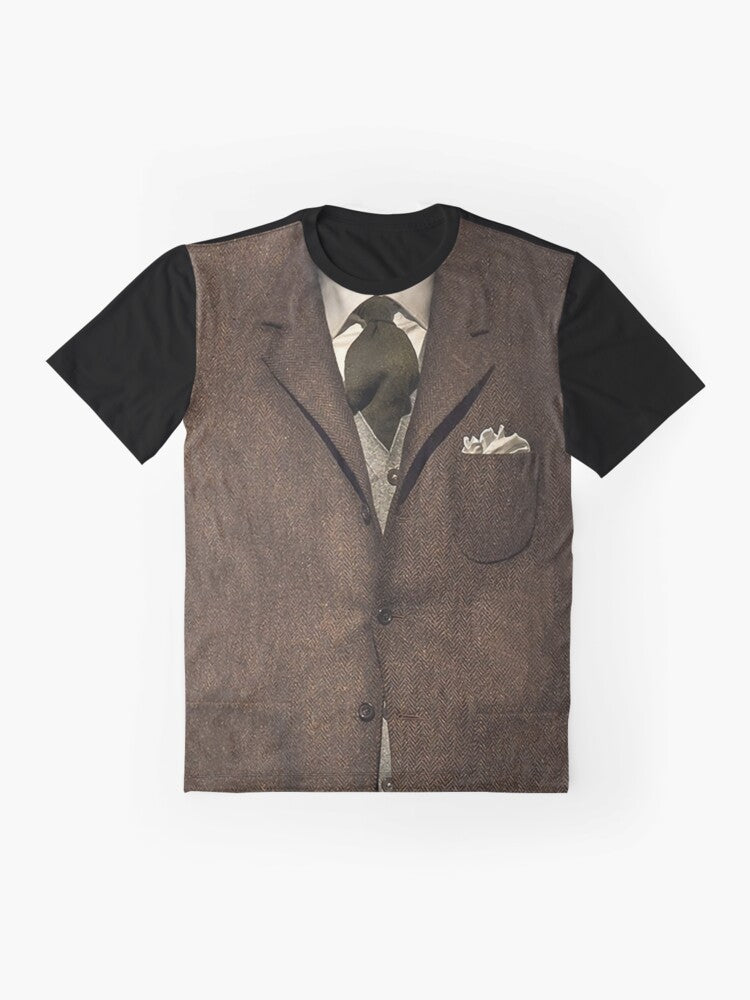 A vintage-inspired graphic t-shirt featuring a dapper gentleman in a suit and tie. - Flat lay