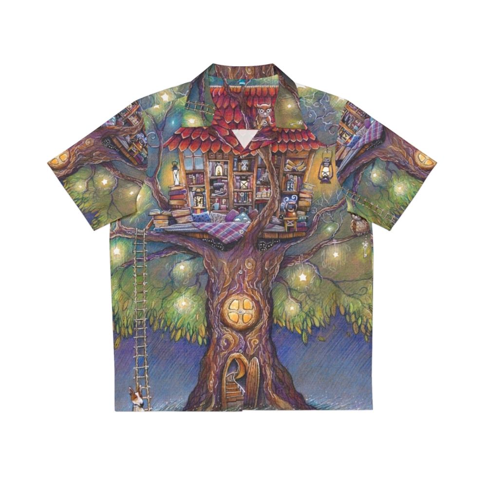 Enchanting Tree House Hawaiian Shirt with Lanterns, Stars, and Whimsical Elements