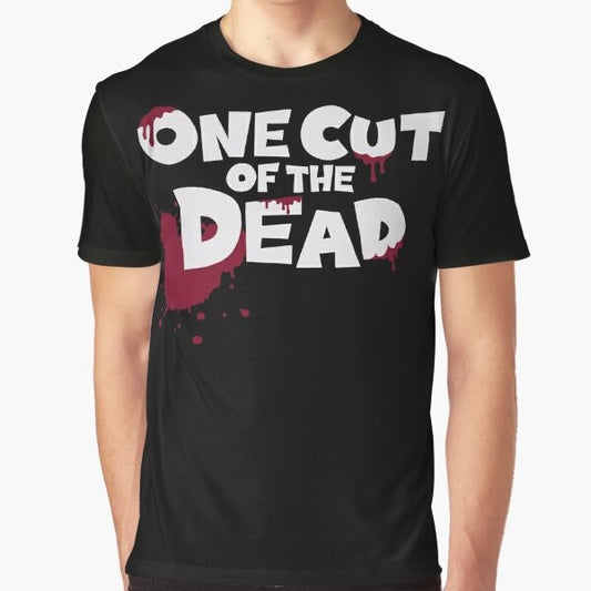 One Cut of the Dead zombie movie graphic t-shirt design with blood splatter