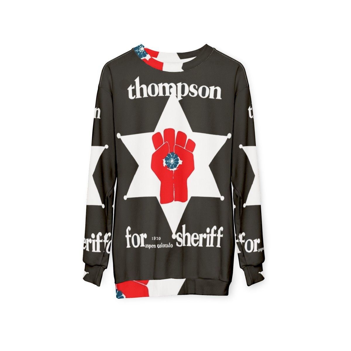 Hunter S. Thompson inspired sheriff sweatshirt with gonzo and psychedelic design - hanging