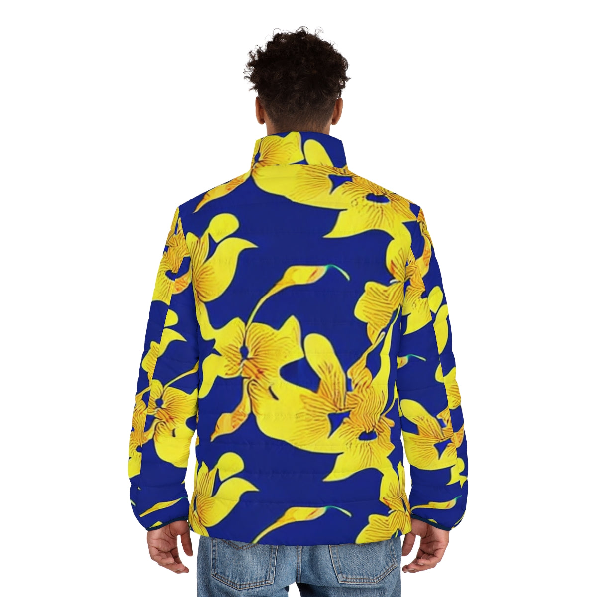 Closeup of a blue puffer jacket featuring a vibrant abstract yellow floral pattern - men back