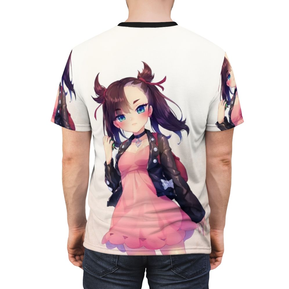 Anime-inspired digital print t-shirt featuring fan art of the Pokemon character Marnie - men back