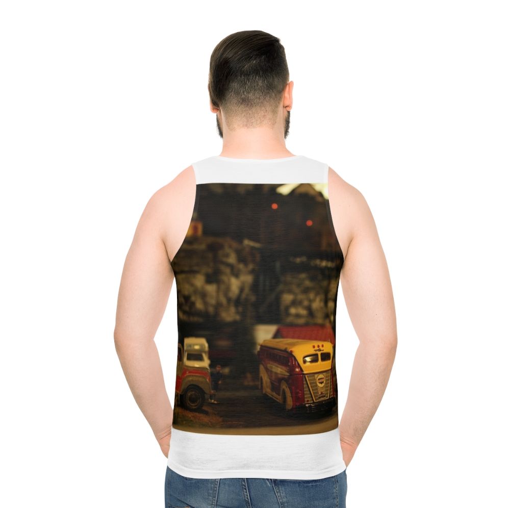 Unisex tank top with parked train design for model train hobbyists - men back