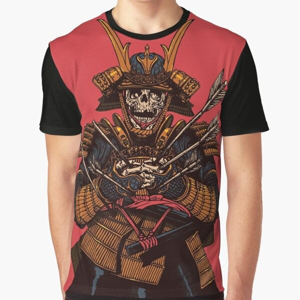 A graphic t-shirt featuring a dead samurai warrior with a sword and red background.