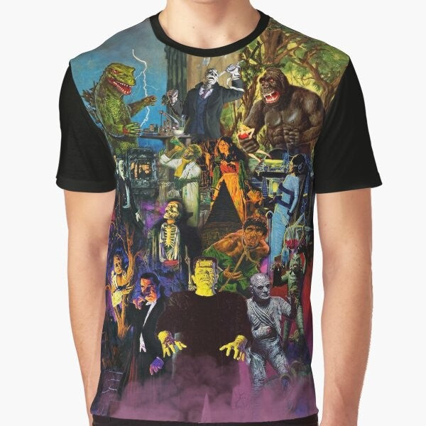 Retro-style graphic t-shirt featuring classic movie monsters like Frankenstein, Dracula, and the Creature from the Black Lagoon, inspired by 1960s monster model kits and box art.