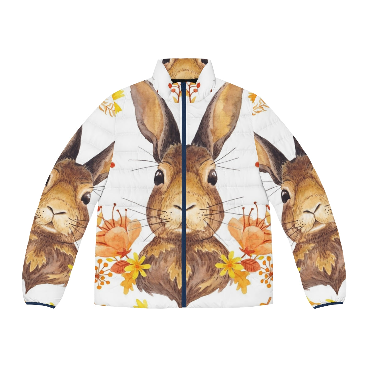 Autumn Bunny Puffer Jacket featuring cute rabbit print and fall foliage