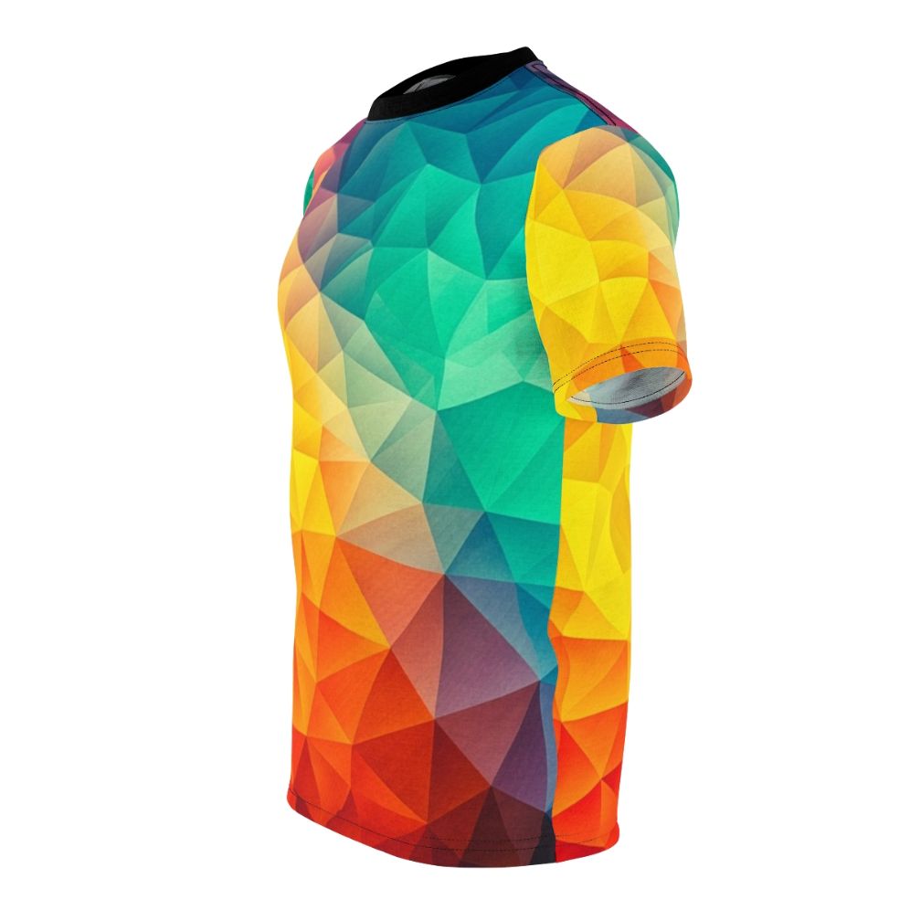 Vibrant abstract geometric t-shirt with a colorful minimalist polygon pattern design - men left