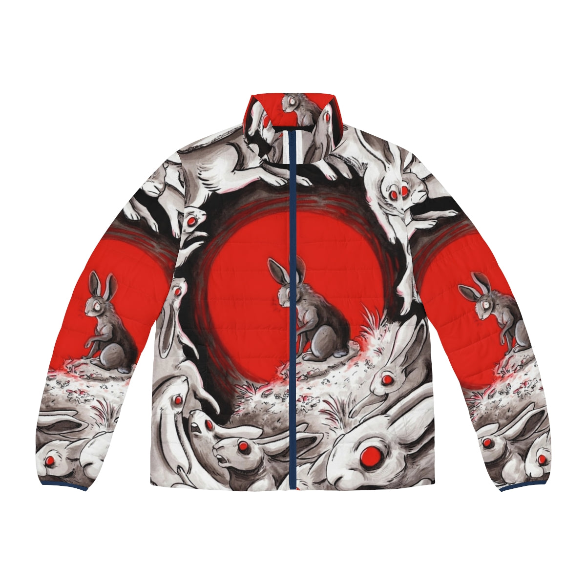 Watership Down inspired puffer jacket with rabbit and nature imagery