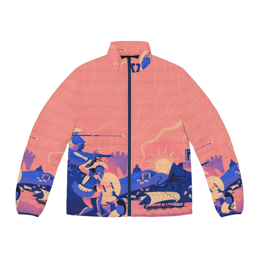 Homeric Landscape Summer Puffer Jacket with Greek Mythology Inspired Design