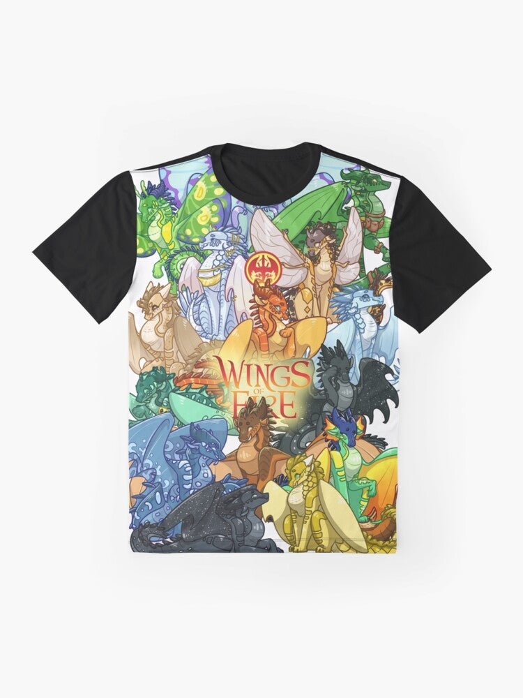 Wings of Fire fantasy graphic t-shirt featuring characters from the book series - Flat lay