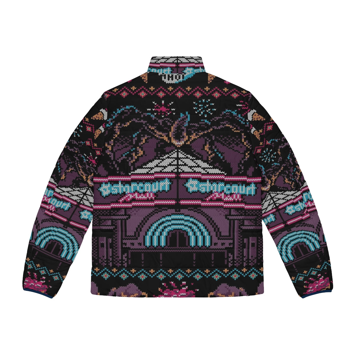 Stranger Things Puffer Jacket with Ugly Christmas Sweater Design - Back