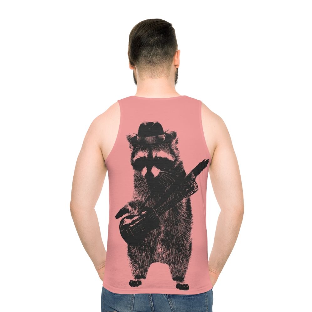 Raccoon wielding ukulele graphic on unisex tank top - men back