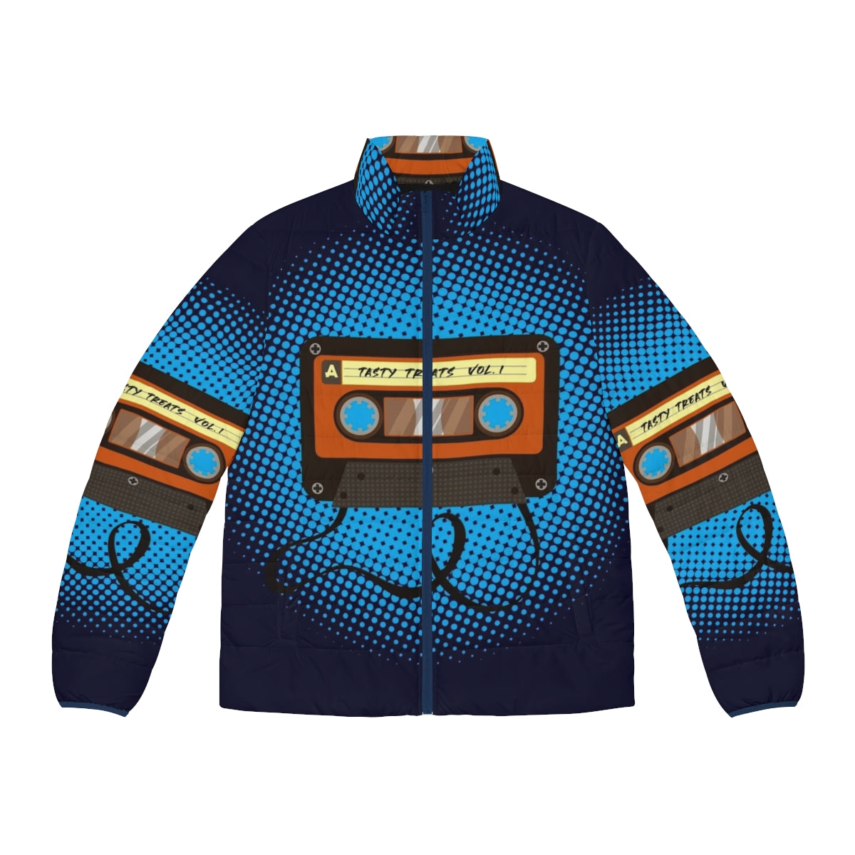 Tasty Treats Vol 1 Puffer Jacket featuring a cassette design in blue, orange, and brown colors