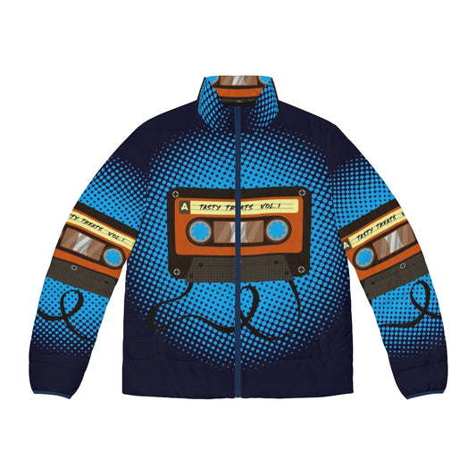 Tasty Treats Vol 1 Puffer Jacket featuring a cassette design in blue, orange, and brown colors